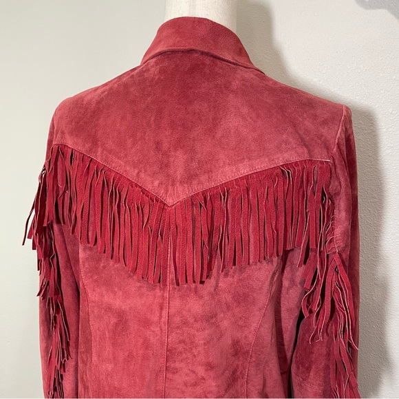 Gorgeous Red Fringe Suede Leather Jacket 3 Button Lined Coat Size Medium Western - Picture 9 of 16
